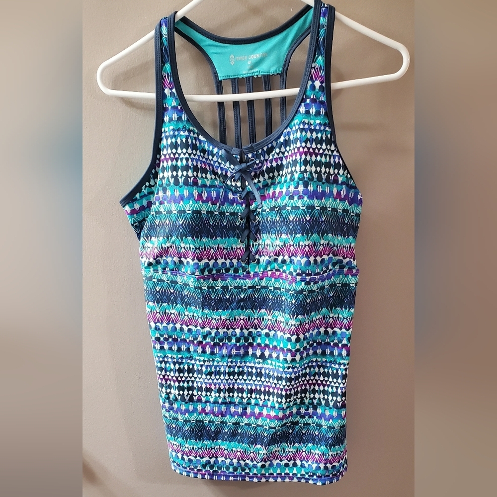 Free Country Teal Blue Purple Striped Racerback Swim Top. Sz XL
